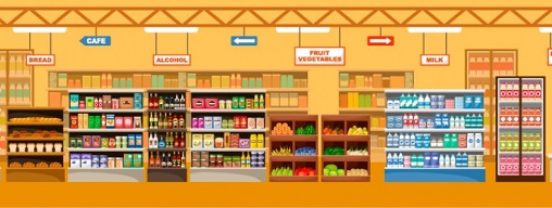 diseño de gondolas de un supermercado vistas de frente y en dibujos